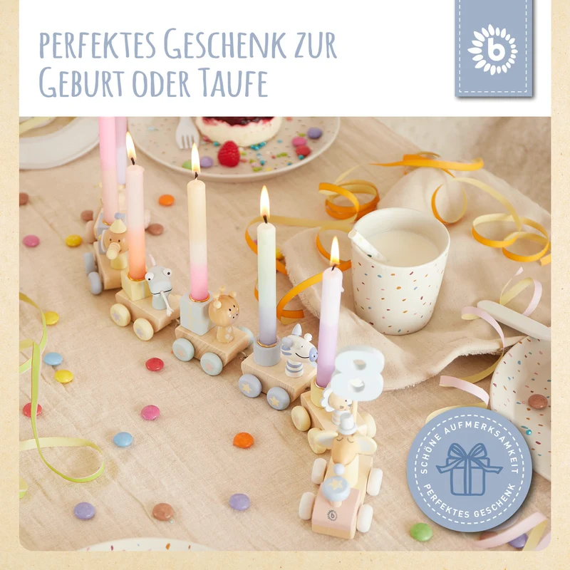 Geburtstagszug Holz Candy 0-99 Jahre mit 6 Kerzen