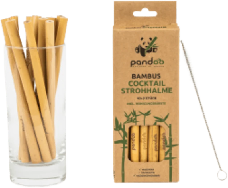 Cocktail Strohhalme aus Bambus, 12er Set inkl Reinigungsbürste
