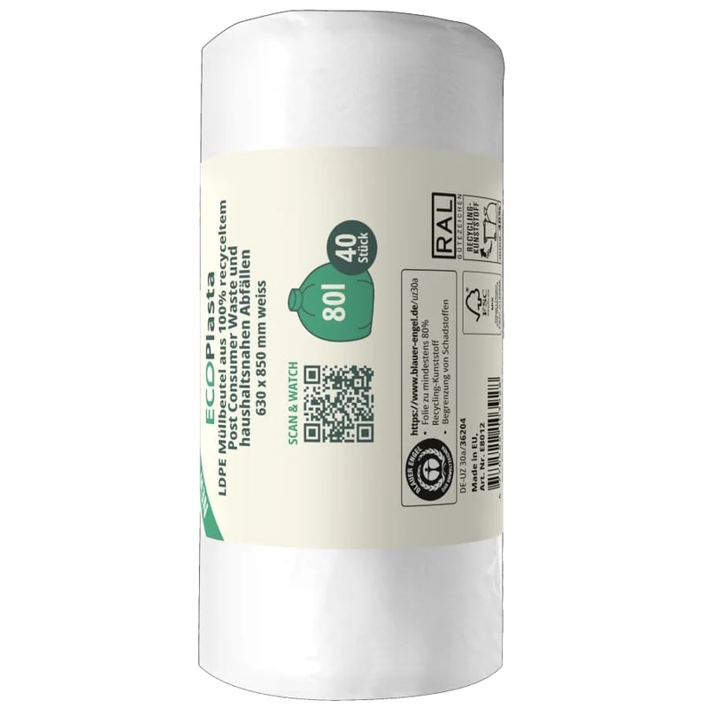 ECOPlasta Müllbeutel 60-80 L, weiß, 14 my