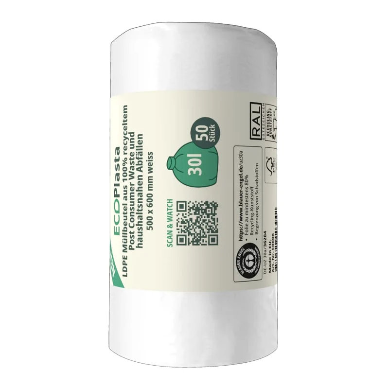 ECOPlasta Müllbeutel 30 L, weiß, 14 my