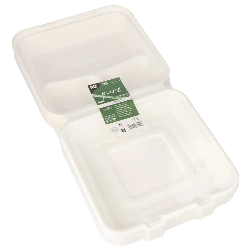 Papstar Pure Menüboxen, Zuckerrohr, 3-geteilt, 24 × 24 × 8 cm