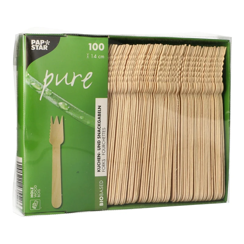 Papstar Pure Holz Kuchen- und Snackgabeln, 14 cm