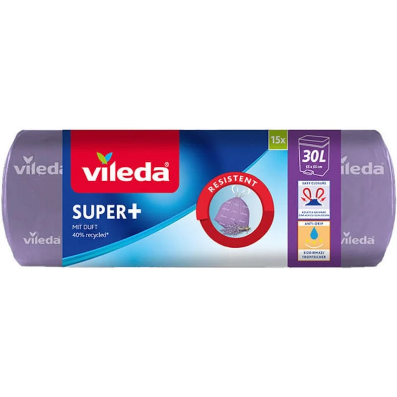 Vileda SUPER+ 30 Liter Müllbeutel, Lavendel Duft, mit Zugband