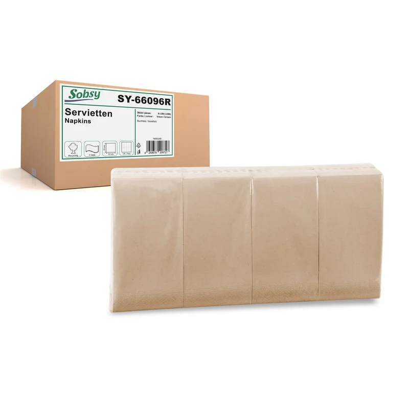 Sobsy Recycling-Servietten, 33 x 33 cm, 2-lagig, 1/8-Buchfalz, braun