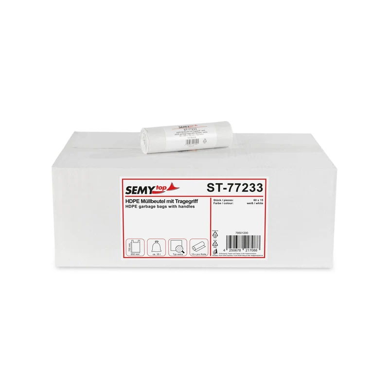 SemyTop Müllbeutel mit Tragegriff, HDPE, 650 x 700 mm, 35 Liter, weiß