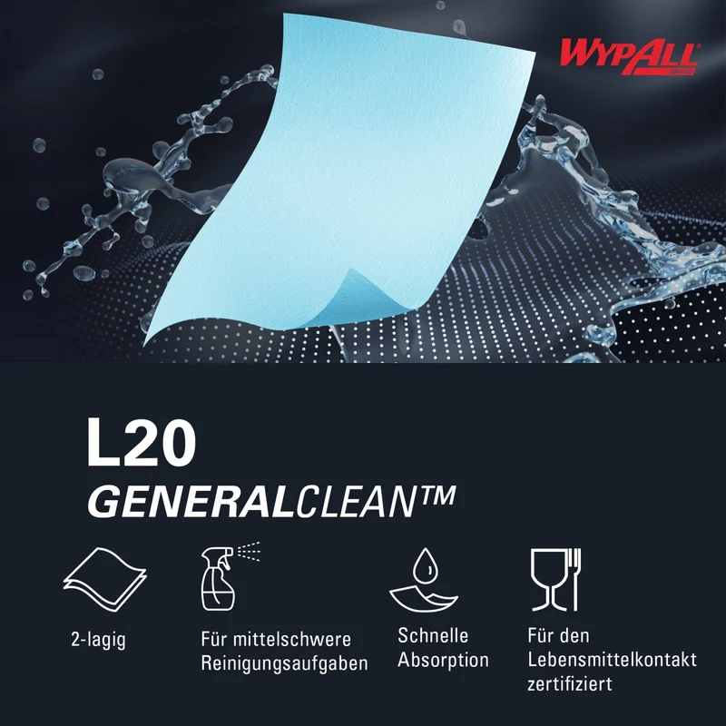 WypAll L20 Wischtücher Zentralentnahme, blau, 2-lagig