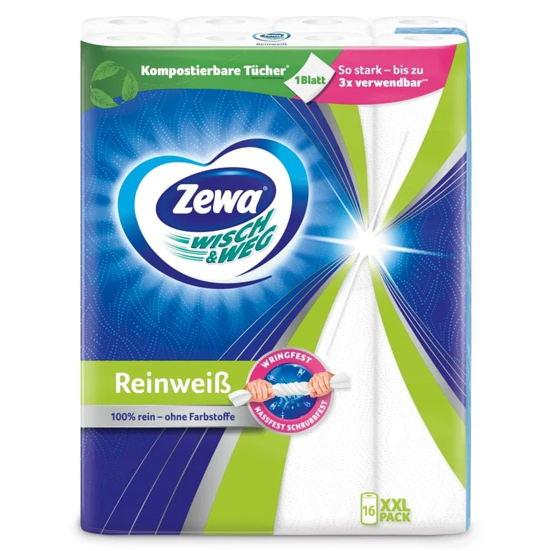 Zewa Küchenrolle Wisch&Weg Reinweiß – 1 Packung = 16 Rollen x 45 Blatt