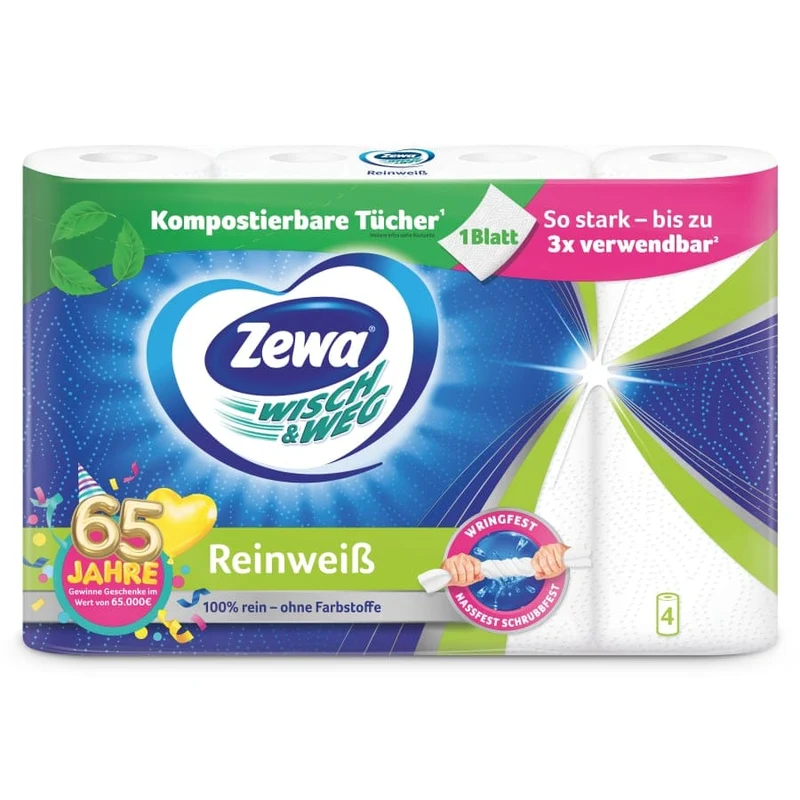 Zewa Küchenrolle Wisch&Weg Reinweiß – 1 Packung = 16 Rollen x 45 Blatt