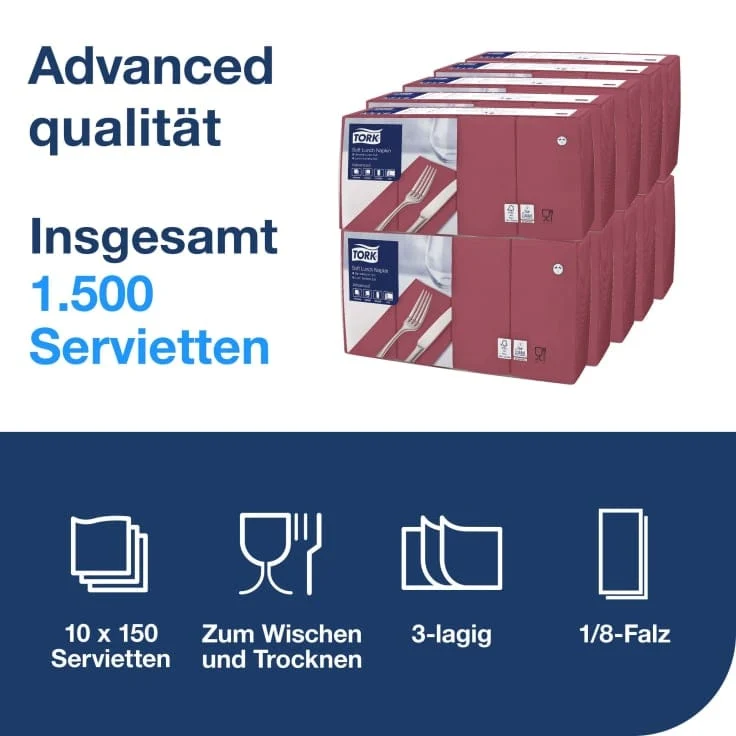 Tork Soft Lunchservietten bordeauxrot 3-lagig, 1/8-Falz
