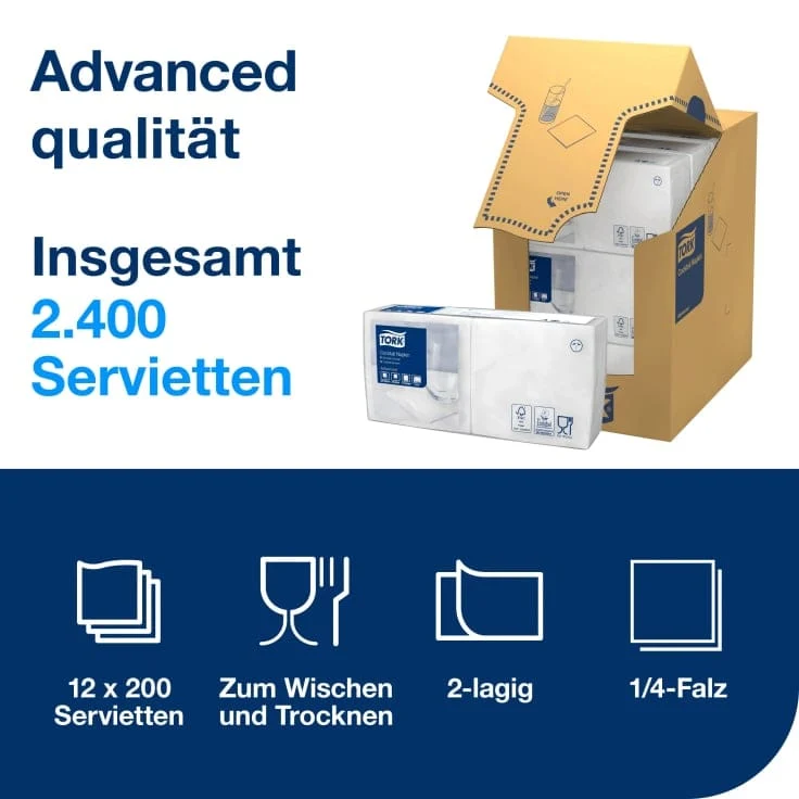 Tork Cocktailserviette Advanced 2-lagig, 1/4-Falz, weiß