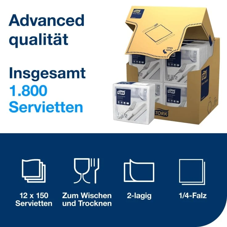 Tork Dinnerserviette Advanced 2-lagig, 1/4-Falz, weiß