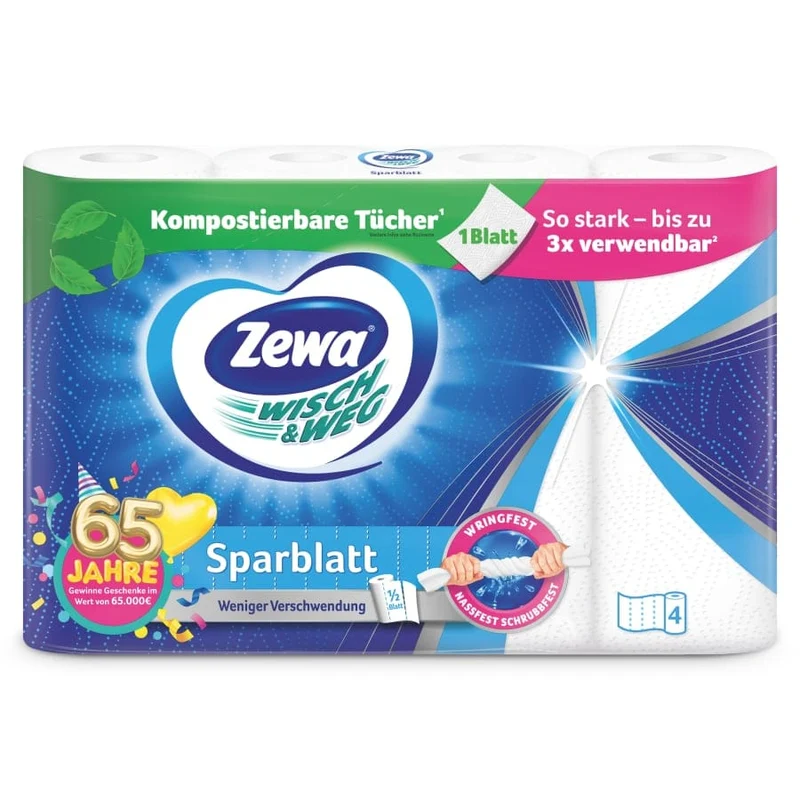 Zewa Küchenrolle Wisch&Weg Sparblatt – 1 Packung = 4 Rollen x 74 Blatt