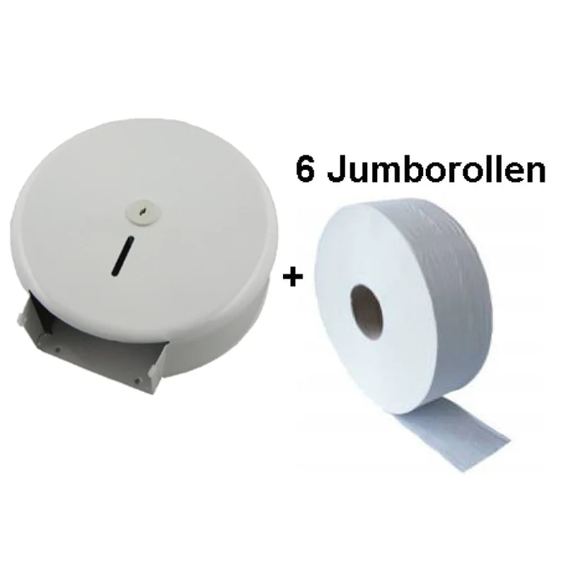 Jumborollenspender Metall weiß, abschließbar, mit 6 Jumborollen