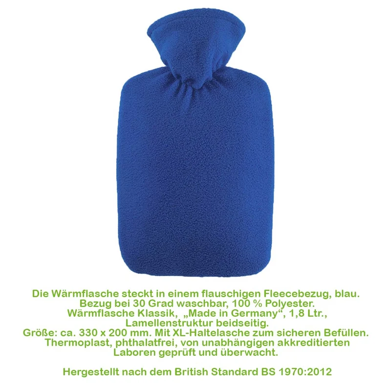 Hugo Frosch Klassik Wärmflasche 1,8 L, Fleecebezug, rot o. blau