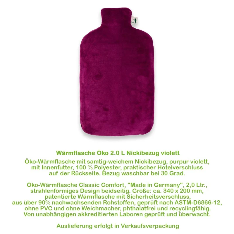Hugo Frosch Öko Wärmflasche 2,0 L, Nickibezug, versch. Farben