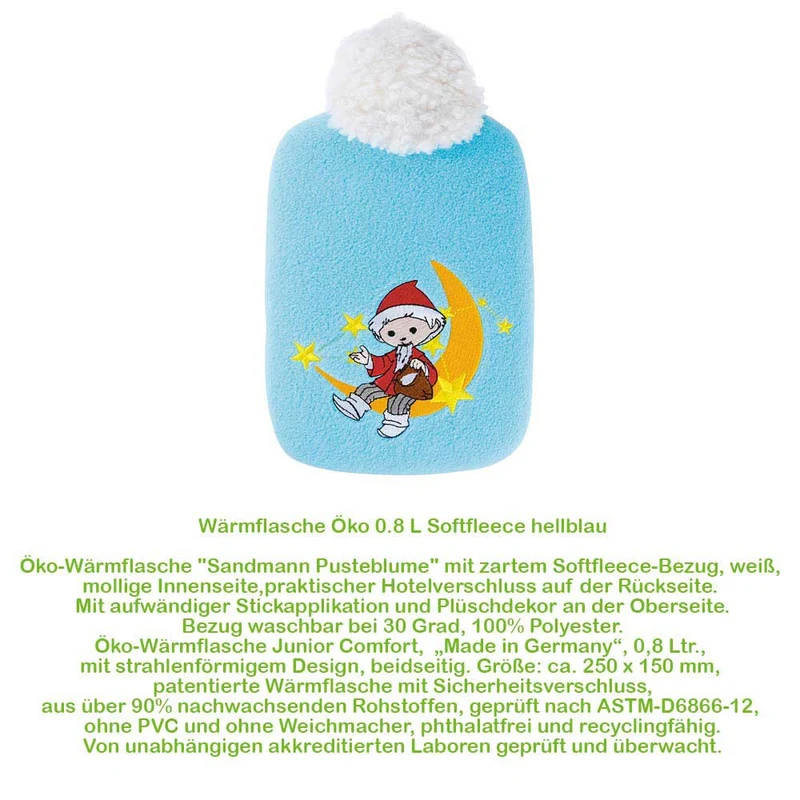 Hugo Frosch Öko Wärmflasche 0,8 L, Softfleece, Sandmann, versch. Farben