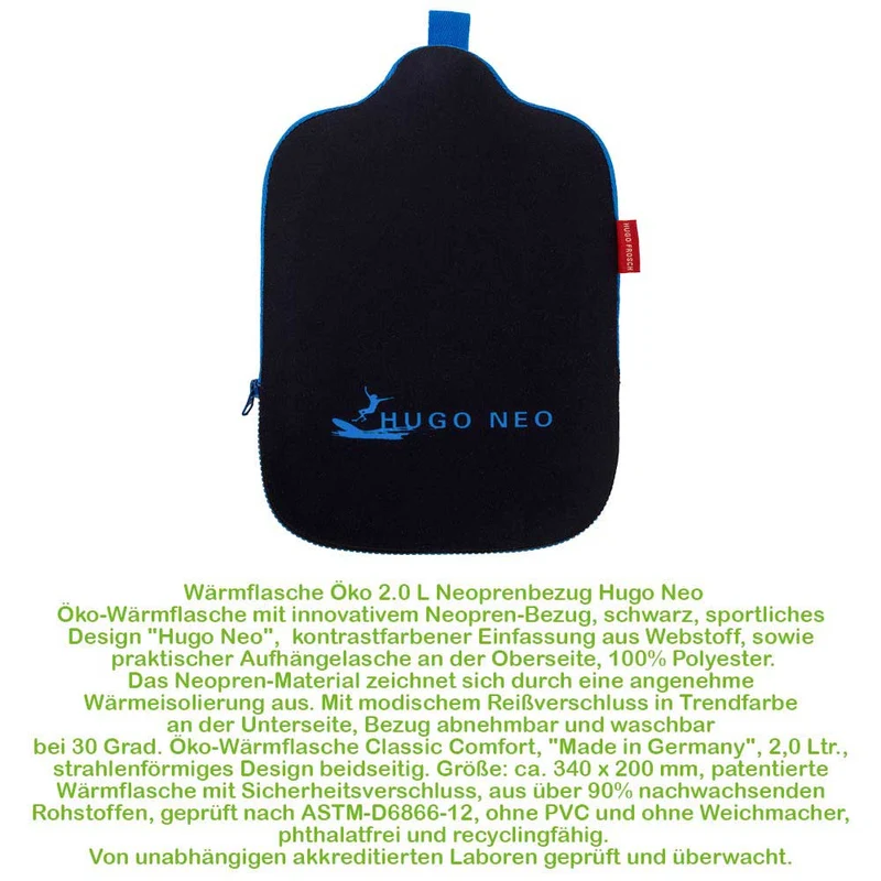 Hugo Frosch Öko Wärmflasche 2,0 L, Neoprenbezug, versch. Muster