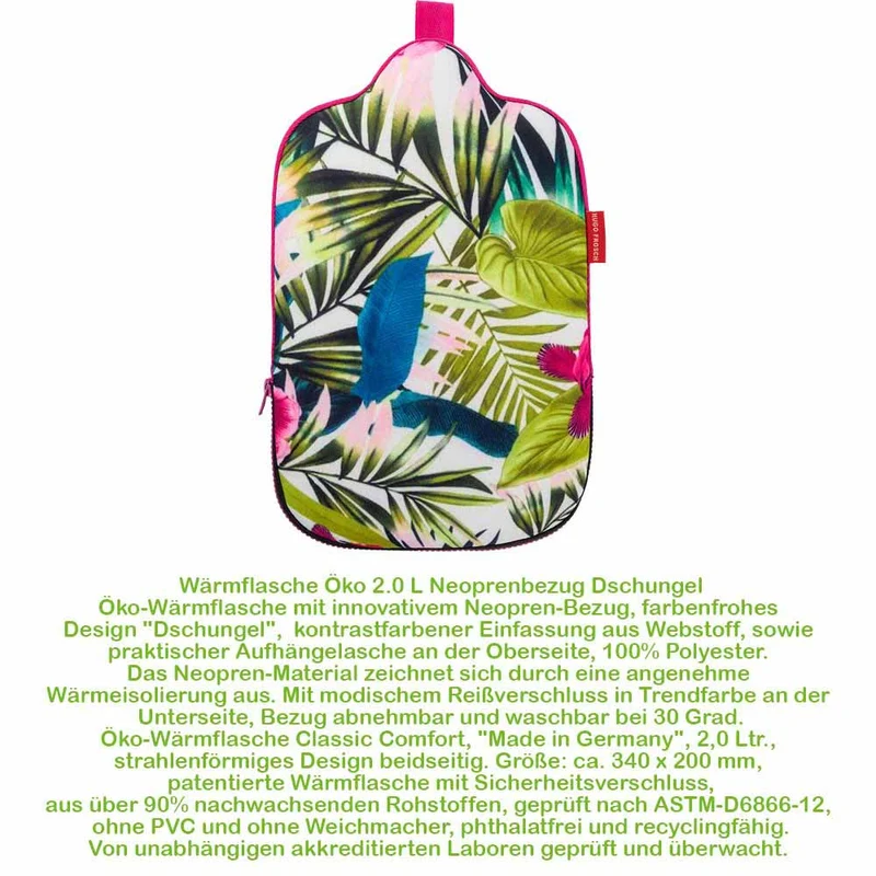 Hugo Frosch Öko Wärmflasche 2,0 L, Neoprenbezug, versch. Muster