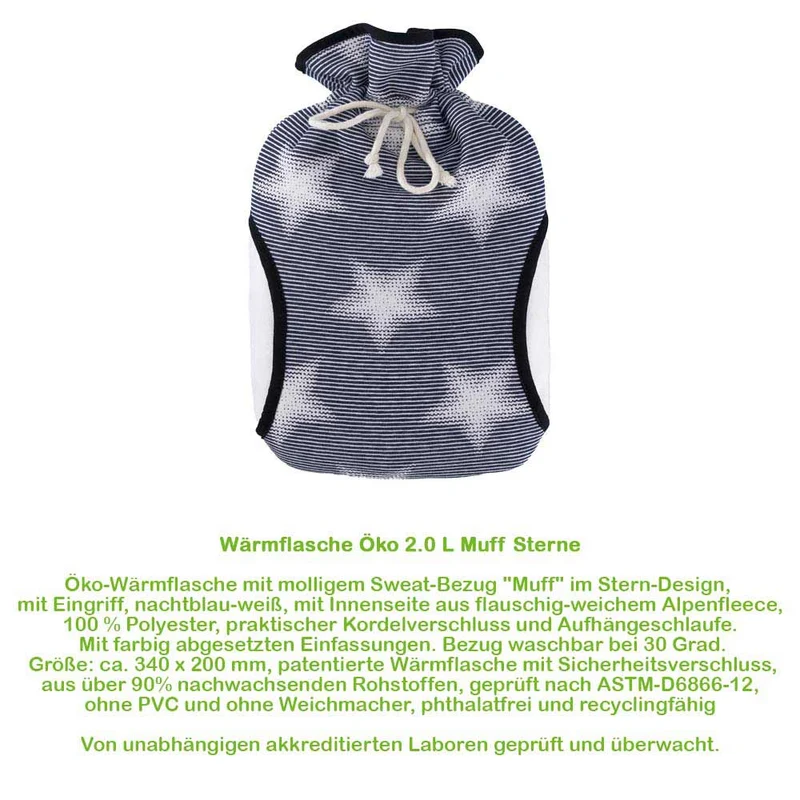 Hugo Frosch Öko Wärmflasche 2,0 L, Muff-Bezug, versch. Muster