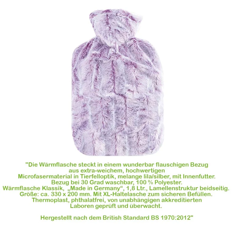 Hugo Frosch Klassik Wärmflasche 1,8 L, Flauschbezug, lila-silber