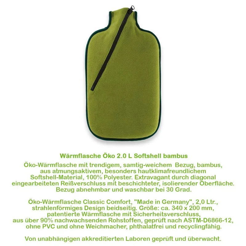 Hugo Frosch Öko Wärmflasche 2,0 L, Softshell, Bambus